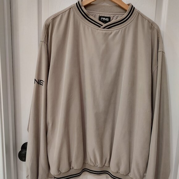 PING WINDBREAKER PULLOVER SUEDE FABRIC STRETCH BANDING TAN BLACK MEDIUM MENS - Picture 1 of 5